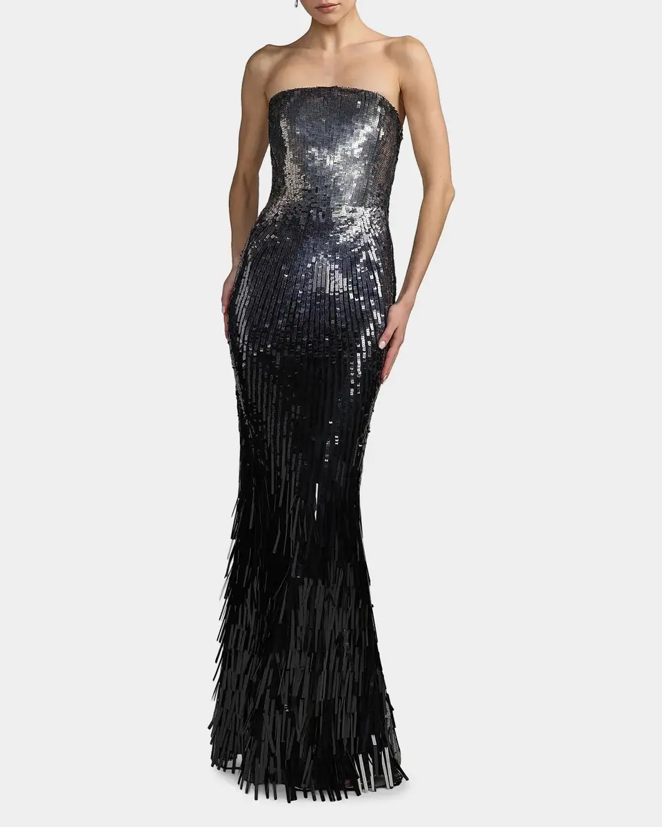Mac Duggal Embellished Mesh Strapless Fringe Gown | Thumbnail 2