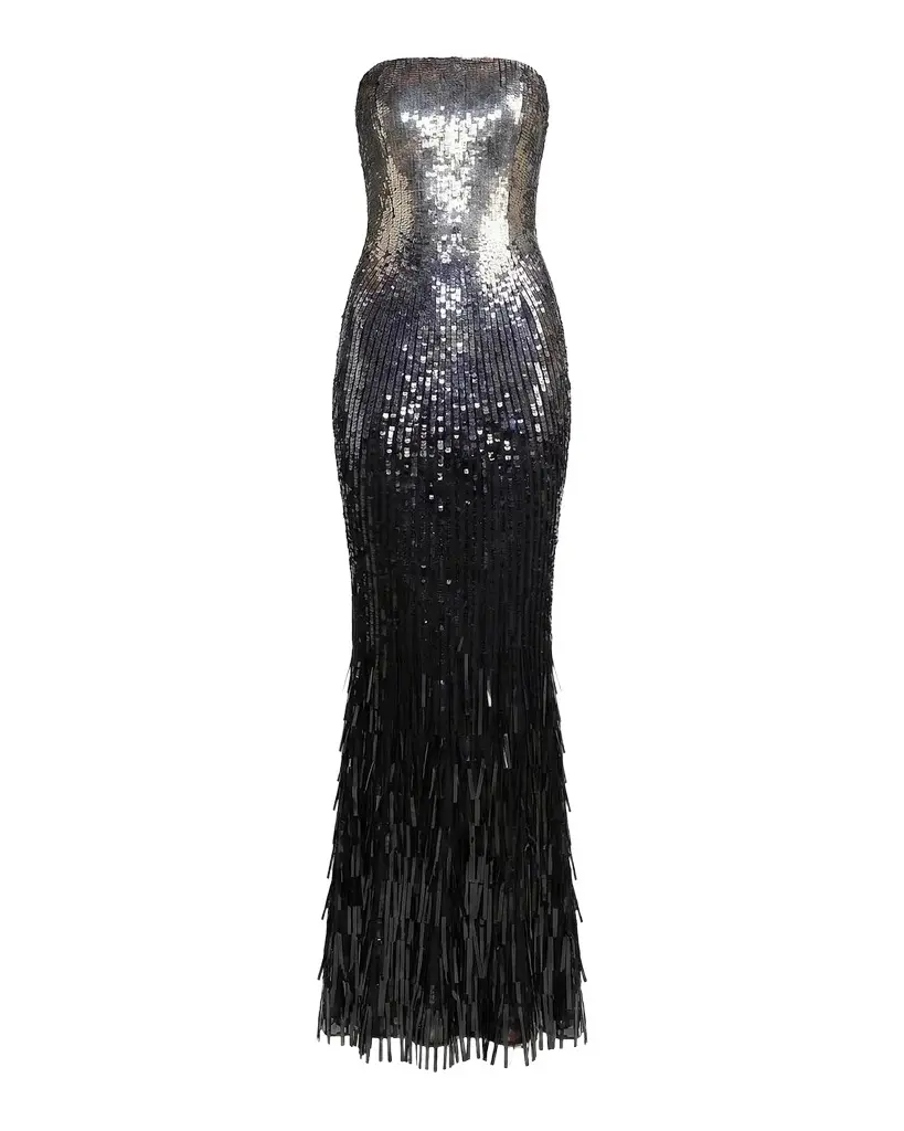 Mac Duggal Embellished Mesh Strapless Fringe Gown
