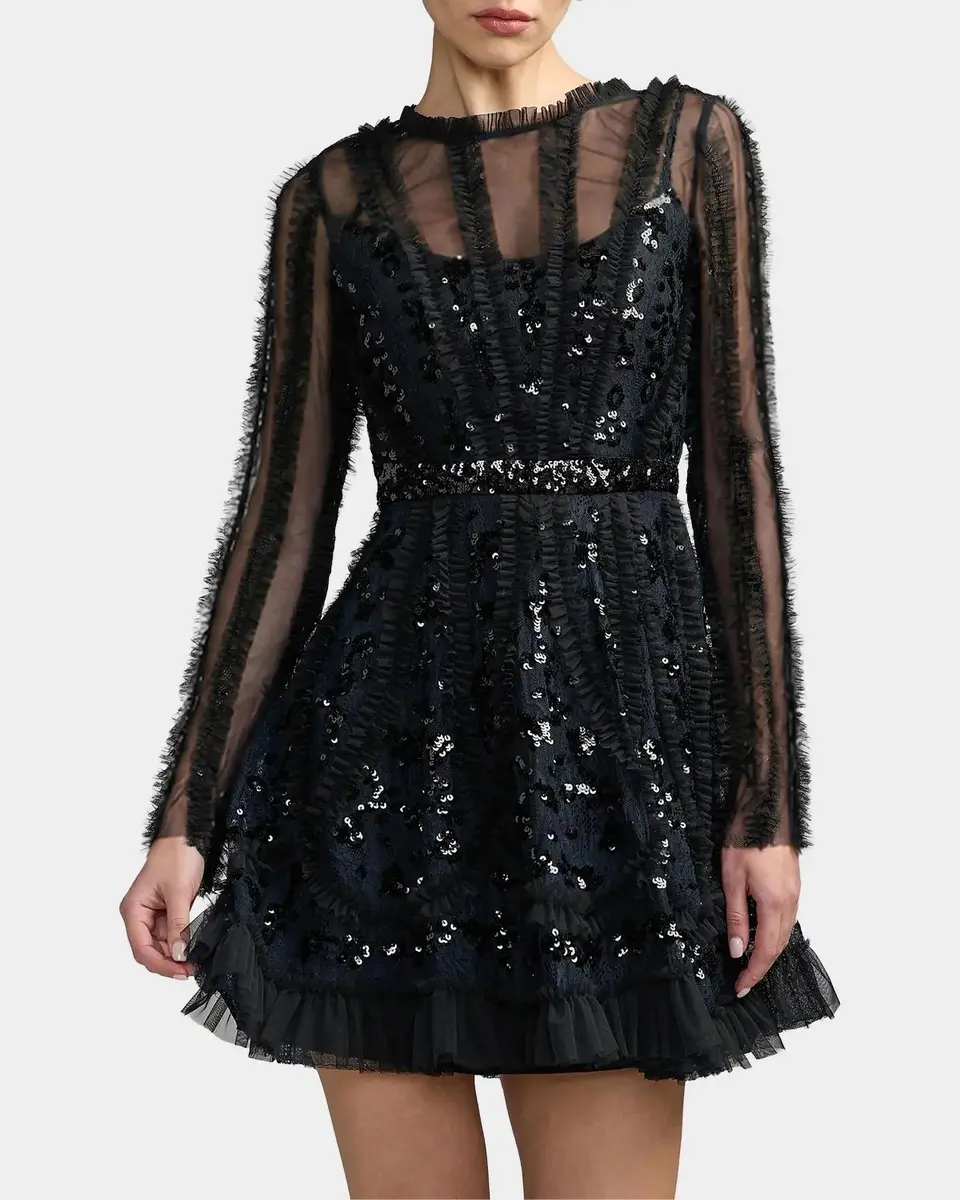 Mac Duggal Mesh Lace Ruffled Mini Dress | Thumbnail 3 Mac Duggal Mesh Lace Ruffled Mini Dress | Thumbnail 3