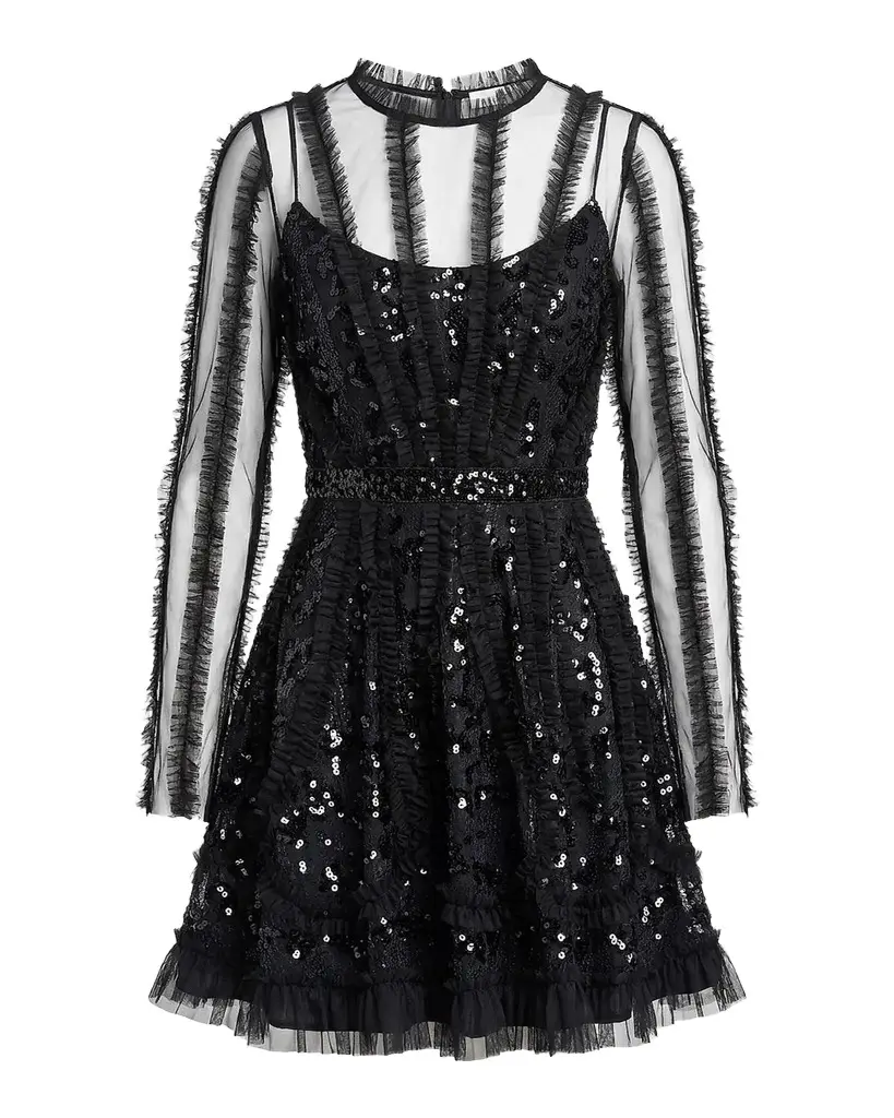 Mac Duggal Mesh Lace Ruffled Mini Dress