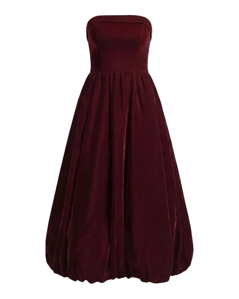 Velvet Strapless Bubble Hem Midi Dress Velvet Strapless Bubble Hem Midi Dress