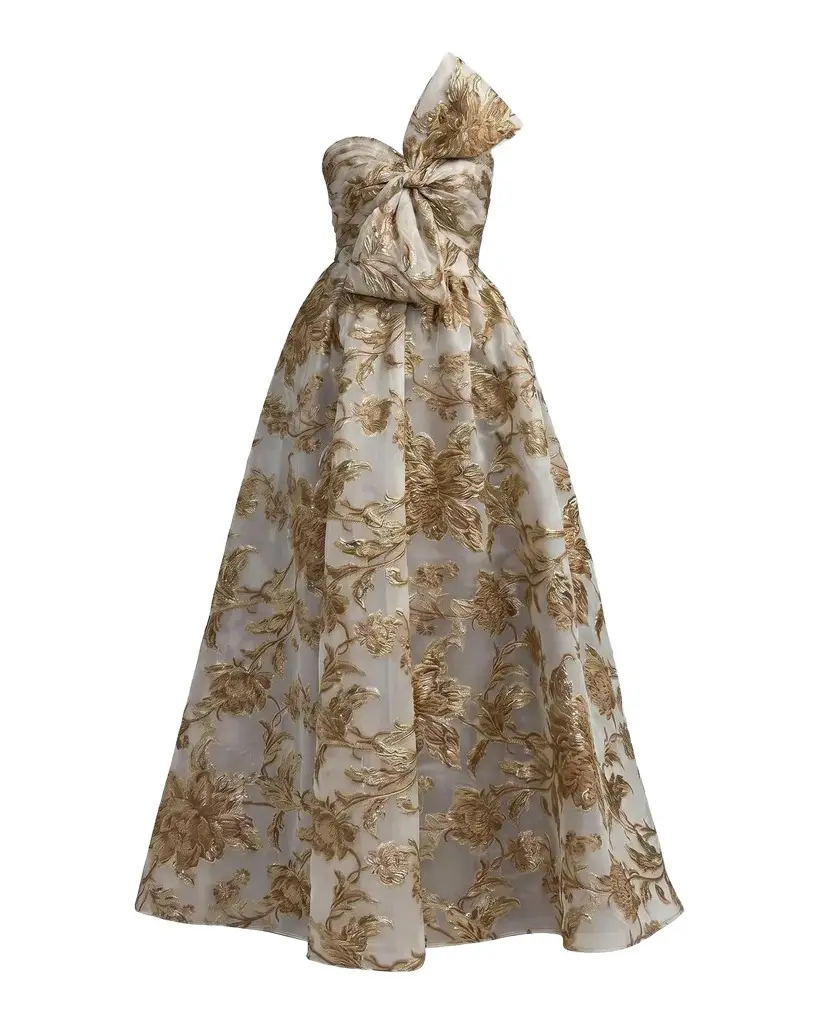 Brocade Bow Strapless Floral Gown