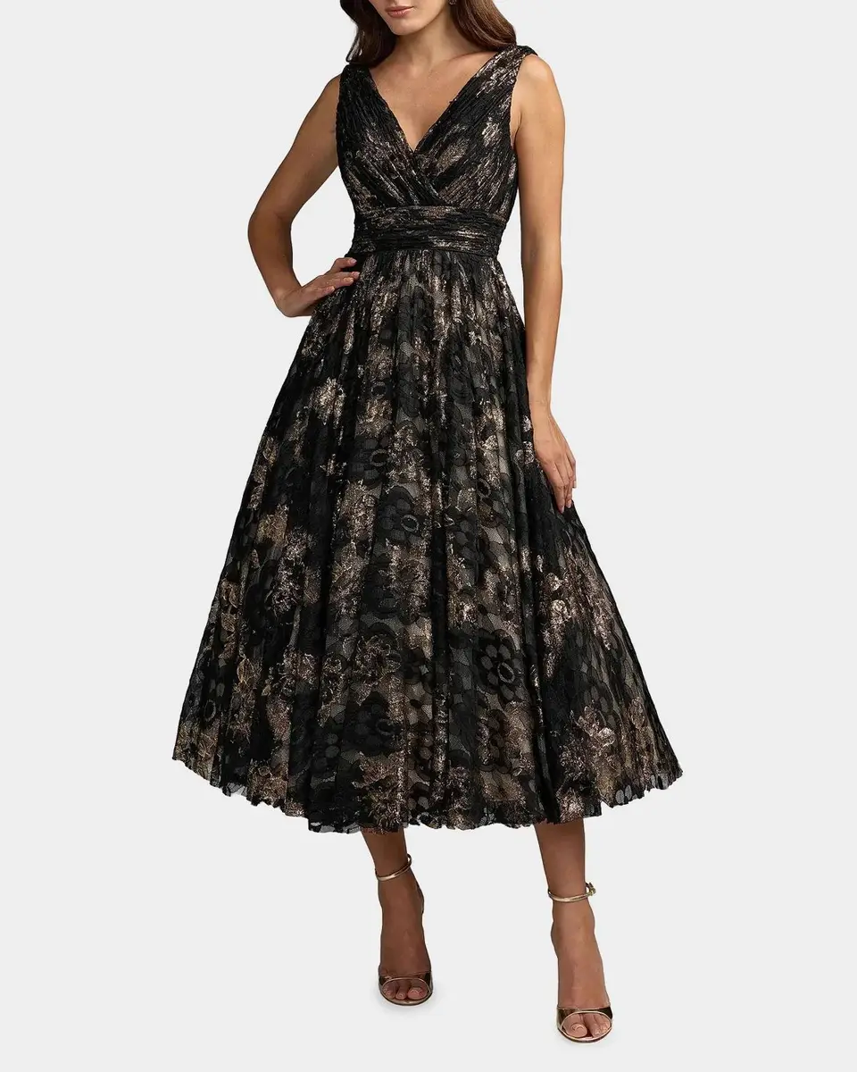 Mac Duggal Metallic Lace V-Neck A-Line Midi Dress | Thumbnail 2 Mac Duggal Metallic Lace V-Neck A-Line Midi Dress | Thumbnail 2