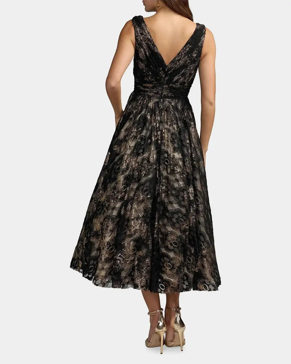 Mac Duggal Metallic Lace V-Neck A-Line Midi Dress | Thumbnail 3 Mac Duggal Metallic Lace V-Neck A-Line Midi Dress | Thumbnail 3