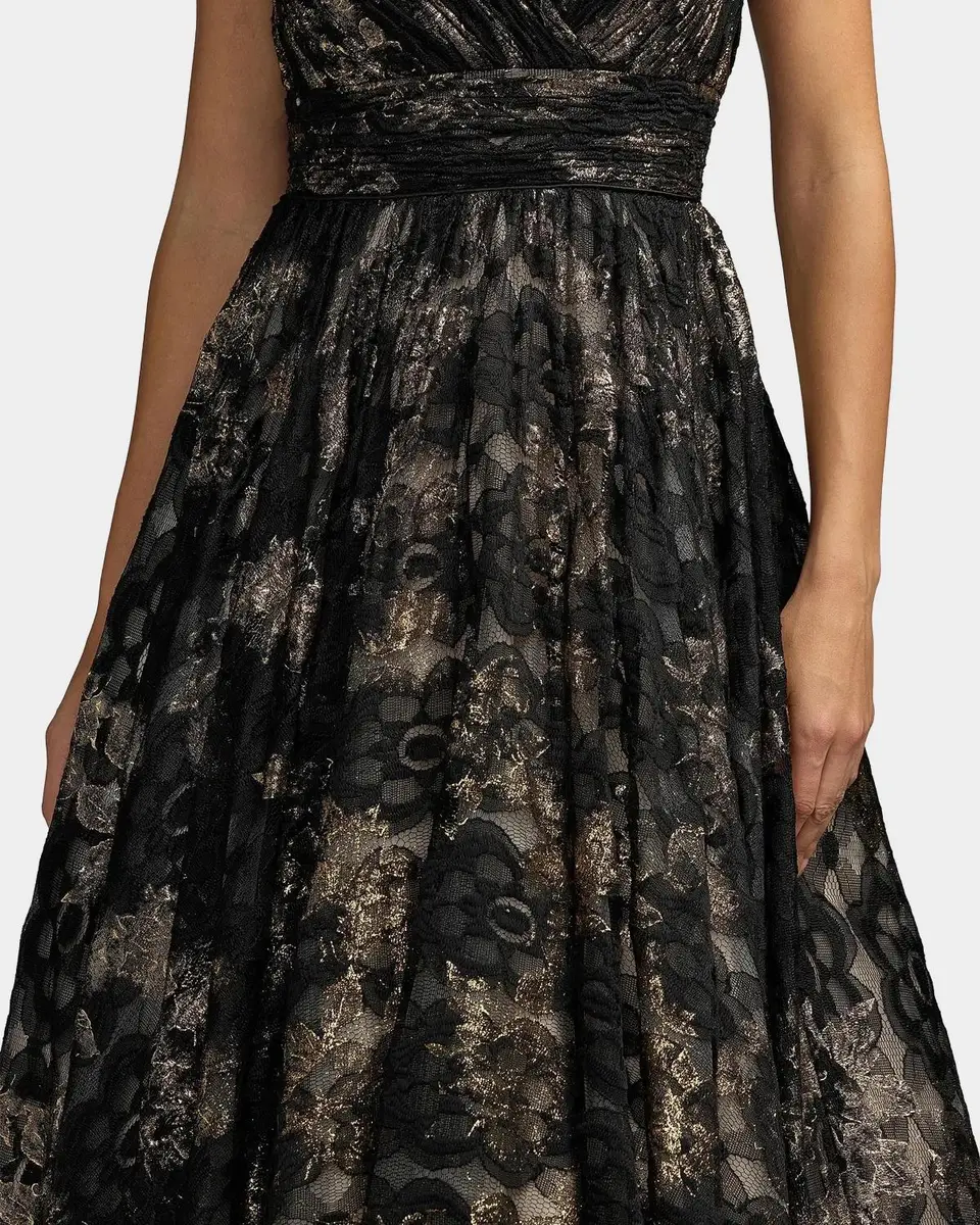 Mac Duggal Metallic Lace V-Neck A-Line Midi Dress | Thumbnail 4 Mac Duggal Metallic Lace V-Neck A-Line Midi Dress | Thumbnail 4