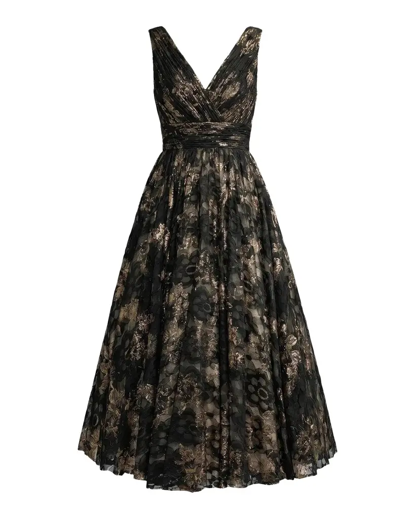 Metallic Lace V-Neck A-Line Midi Dress