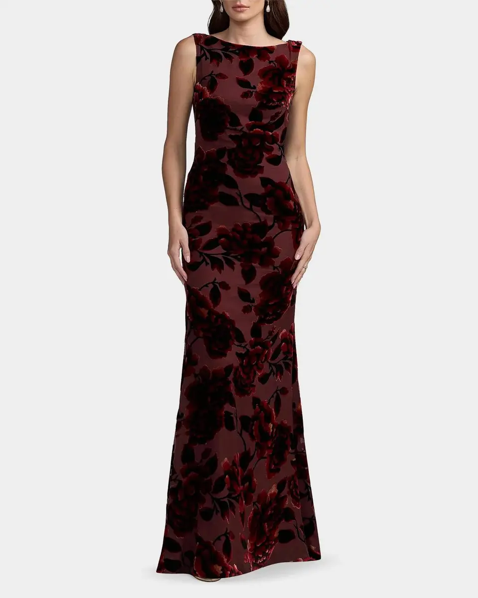 Mac Duggal Floral Velvet Burnout Cowlback Gown | Thumbnail 2 Mac Duggal Floral Velvet Burnout Cowlback Gown | Thumbnail 2