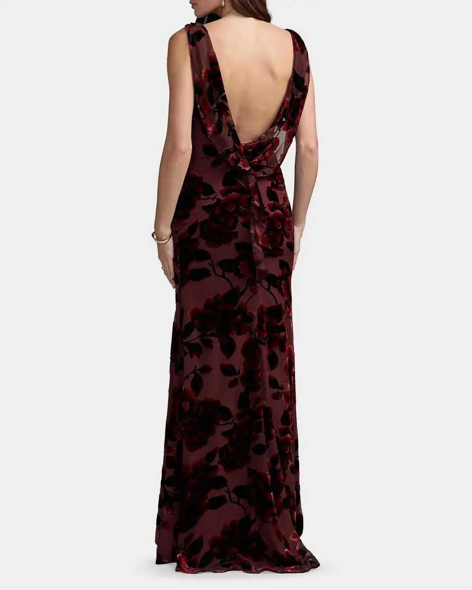 Mac Duggal Floral Velvet Burnout Cowlback Gown | Thumbnail 3 Mac Duggal Floral Velvet Burnout Cowlback Gown | Thumbnail 3