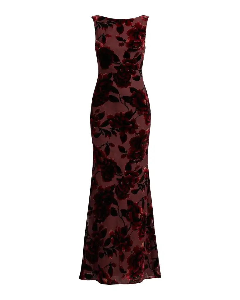 Mac Duggal Floral Velvet Burnout Cowlback Gown
