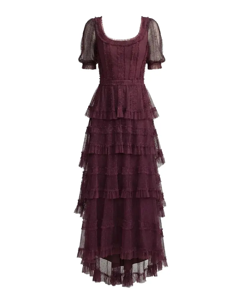 Mesh Micro Ruffle Maxi Dress