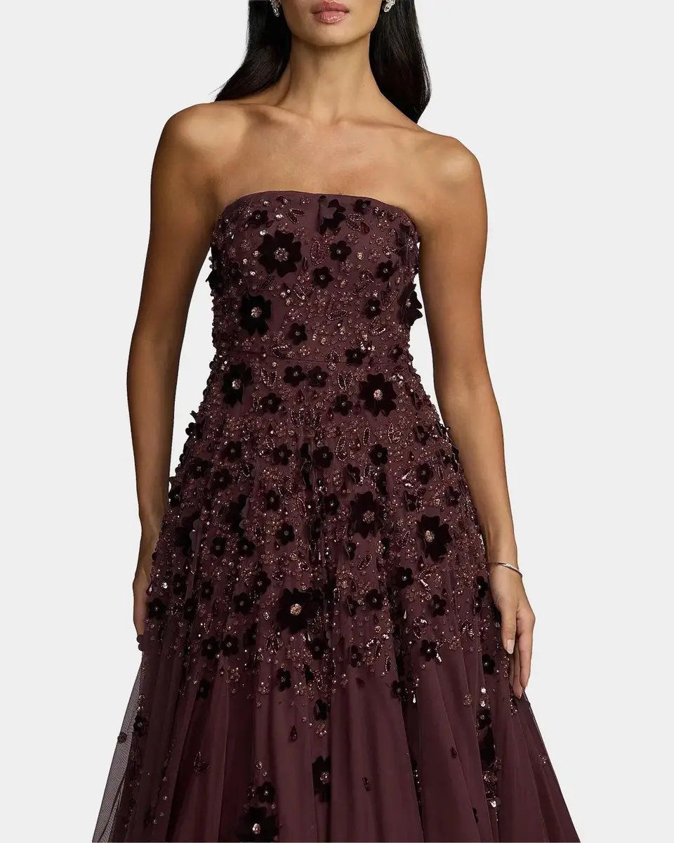 Mac Duggal Strapless Floral Beaded Mesh Gown | Thumbnail 4