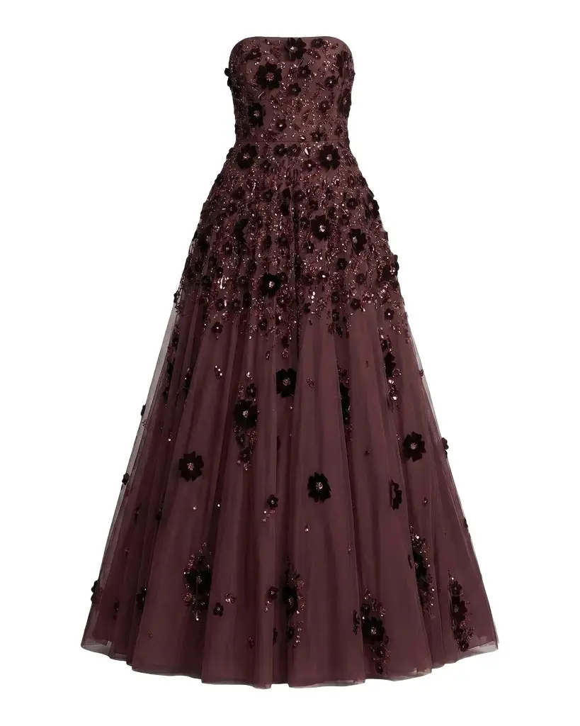 Mac Duggal Strapless Floral Beaded Mesh Gown