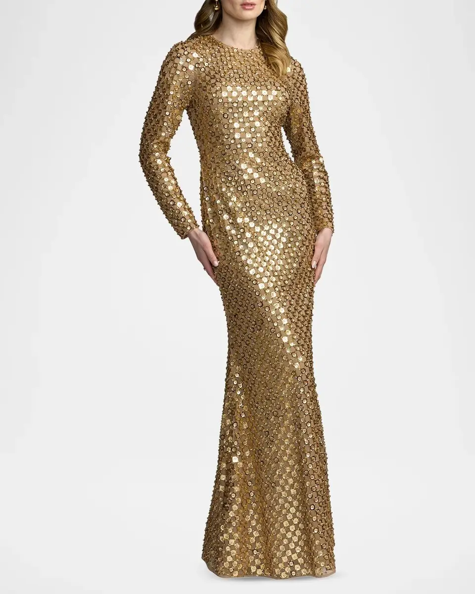 Mac Duggal Checker-Beaded Long-Sleeve Column Gown | Thumbnail 2 Mac Duggal Checker-Beaded Long-Sleeve Column Gown | Thumbnail 2