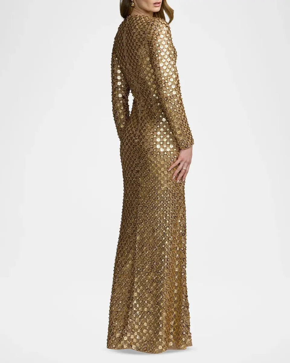 Mac Duggal Checker-Beaded Long-Sleeve Column Gown | Thumbnail 3 Mac Duggal Checker-Beaded Long-Sleeve Column Gown | Thumbnail 3