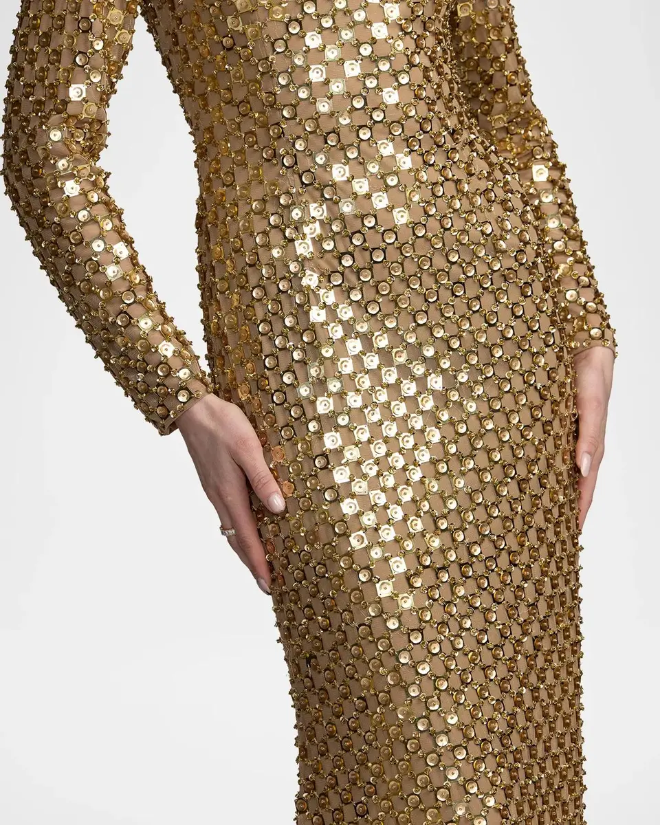 Mac Duggal Checker-Beaded Long-Sleeve Column Gown | Thumbnail 4 Mac Duggal Checker-Beaded Long-Sleeve Column Gown | Thumbnail 4