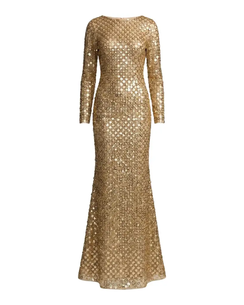 Mac Duggal Checker-Beaded Long-Sleeve Column Gown