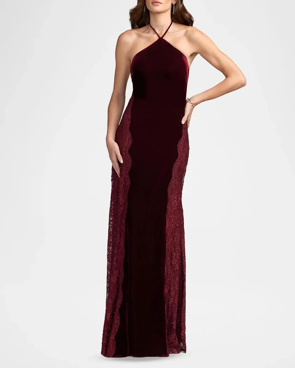 Mac Duggal Velvet Lace-Accented Halterneck Column Gown | Thumbnail 2
