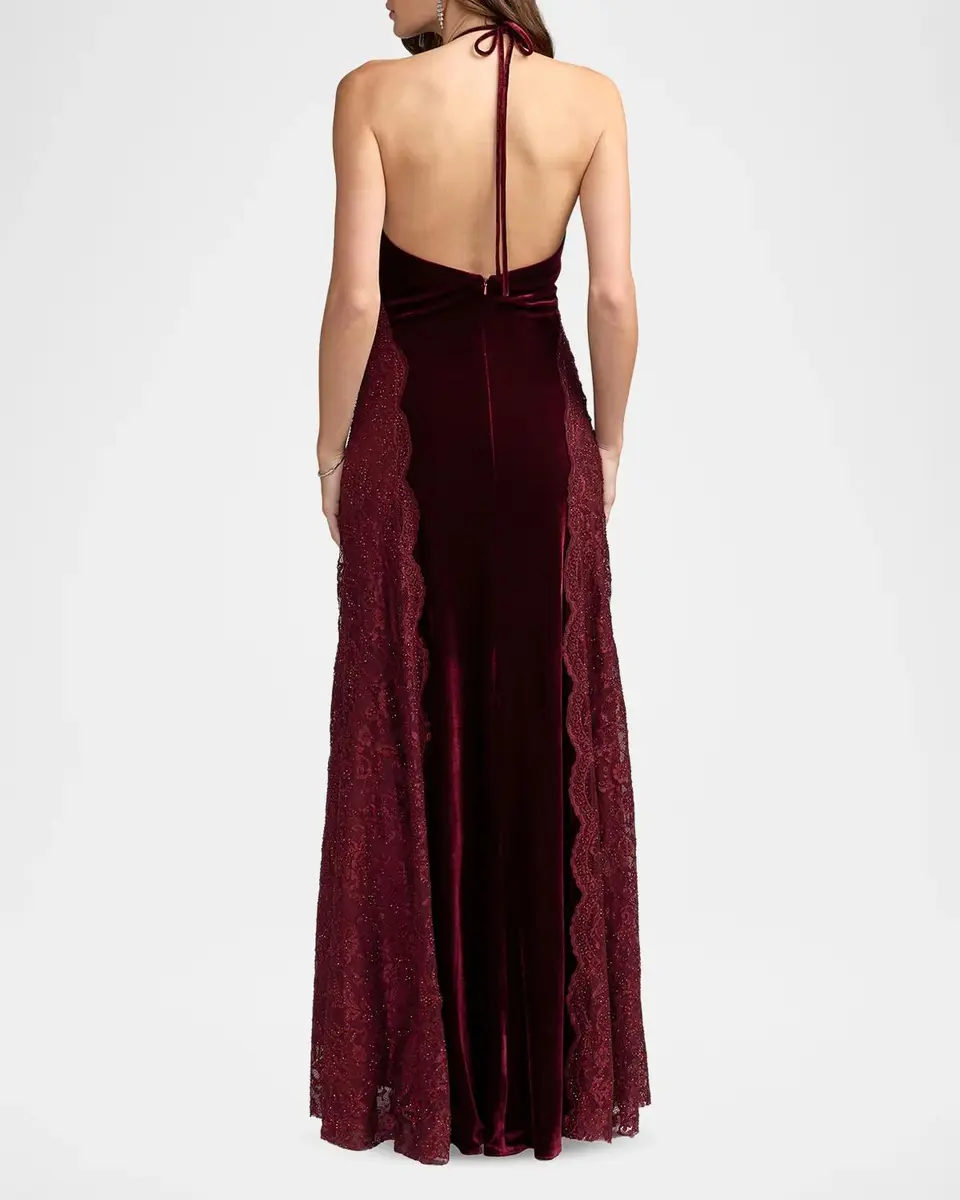Mac Duggal Velvet Lace-Accented Halterneck Column Gown | Thumbnail 3