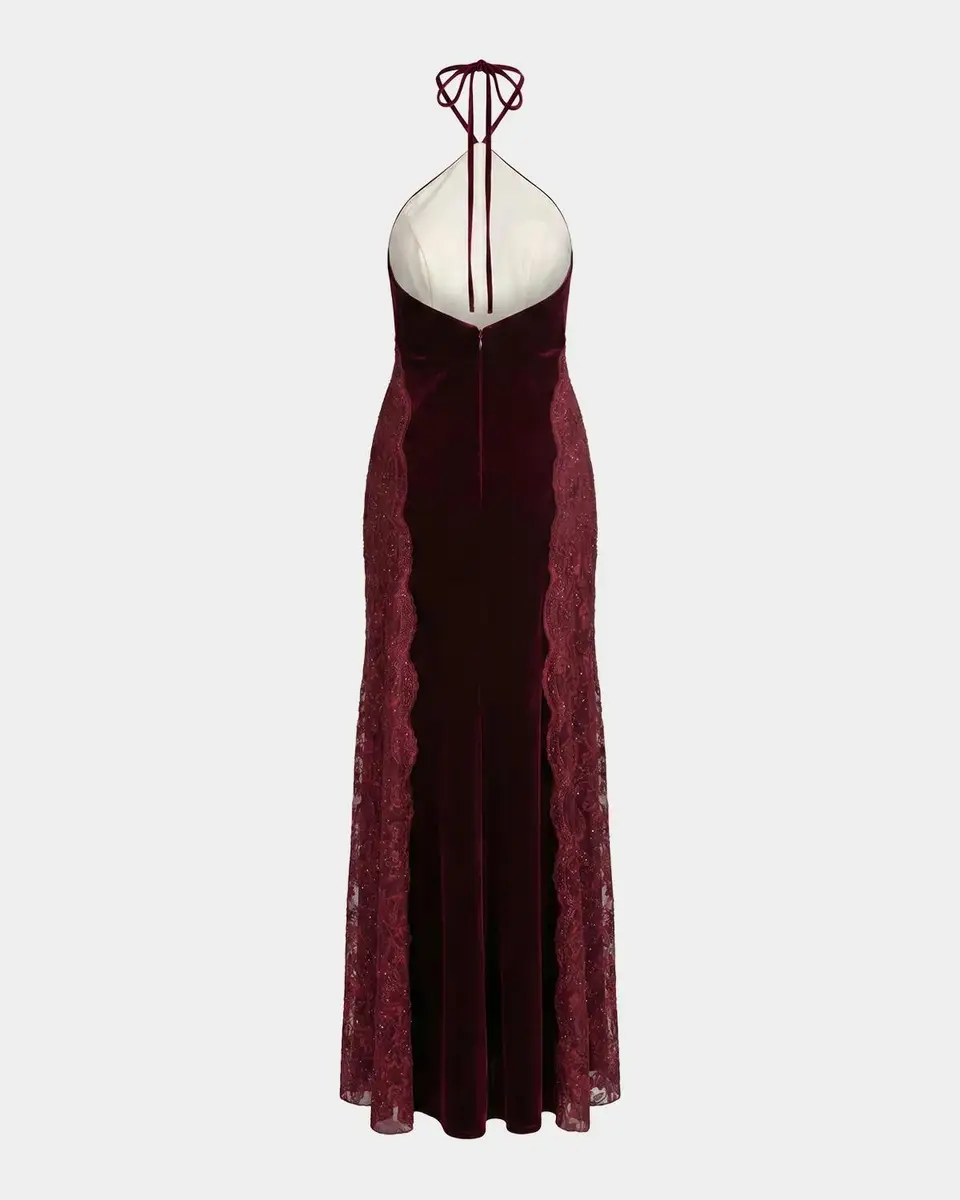 Mac Duggal Velvet Lace-Accented Halterneck Column Gown | Thumbnail 5