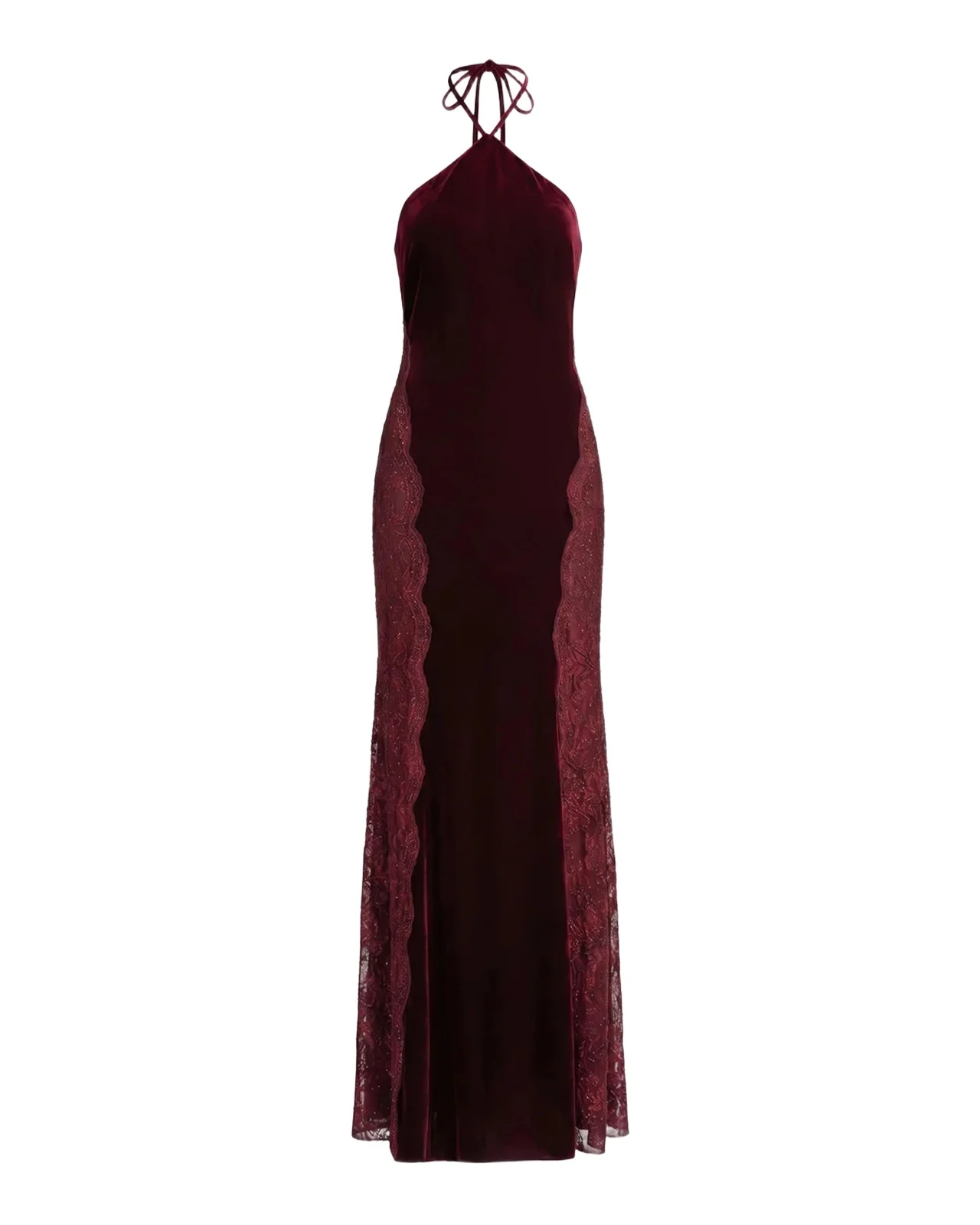 Velvet Lace-Accented Halterneck Column Gown Velvet Lace-Accented Halterneck Column Gown