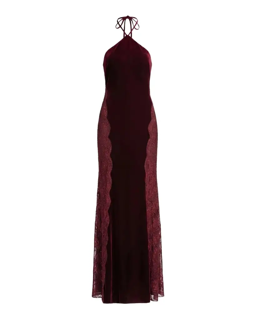 Mac Duggal Velvet Lace-Accented Halterneck Column Gown