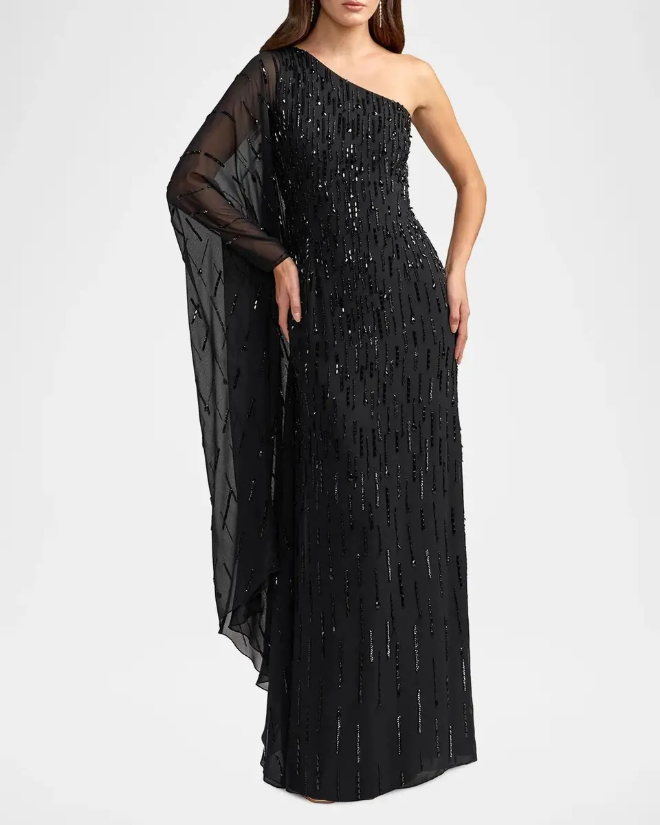 Mac Duggal Beaded Mesh One-Sleeve Column Gown | Thumbnail 2 Mac Duggal Beaded Mesh One-Sleeve Column Gown | Thumbnail 2