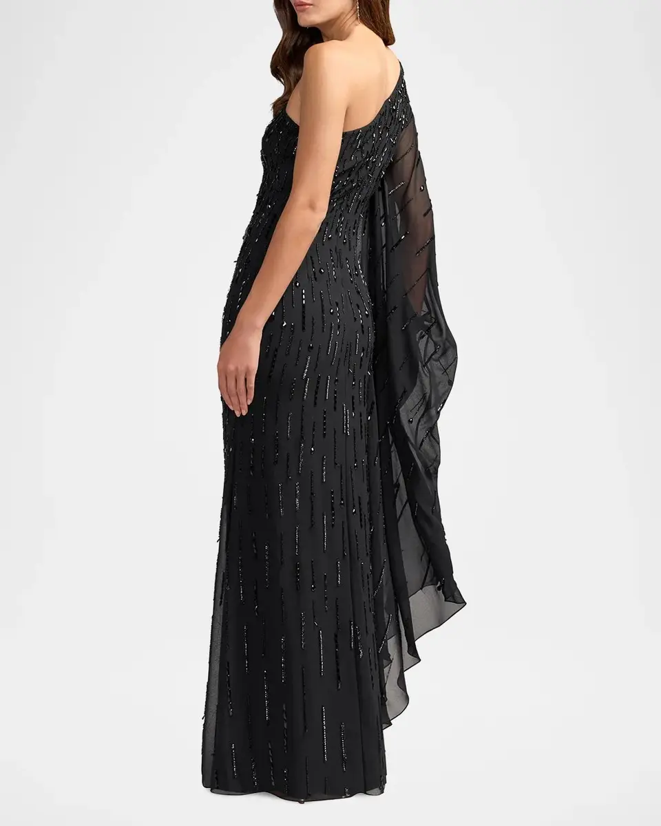 Mac Duggal Beaded Mesh One-Sleeve Column Gown | Thumbnail 3 Mac Duggal Beaded Mesh One-Sleeve Column Gown | Thumbnail 3