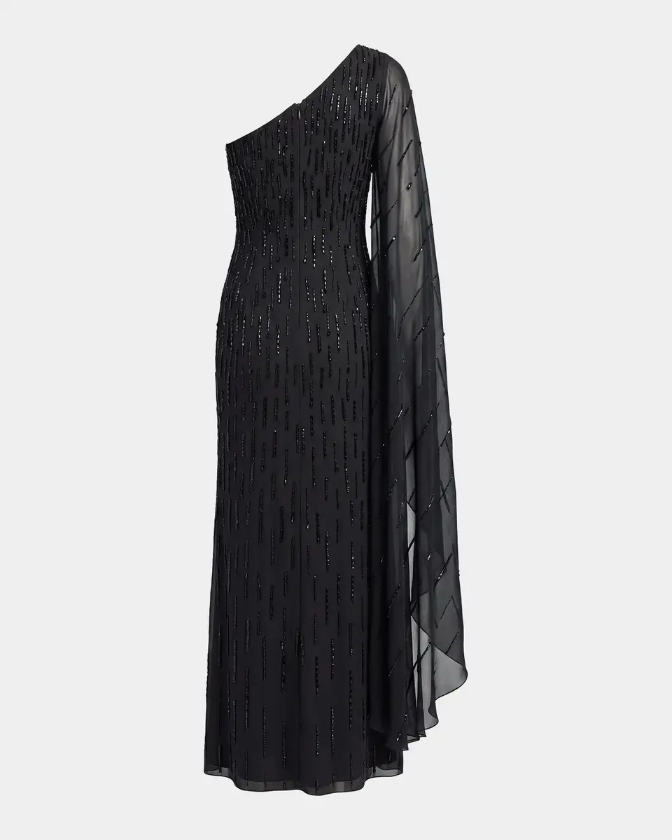 Mac Duggal Beaded Mesh One-Sleeve Column Gown | Thumbnail 5 Mac Duggal Beaded Mesh One-Sleeve Column Gown | Thumbnail 5