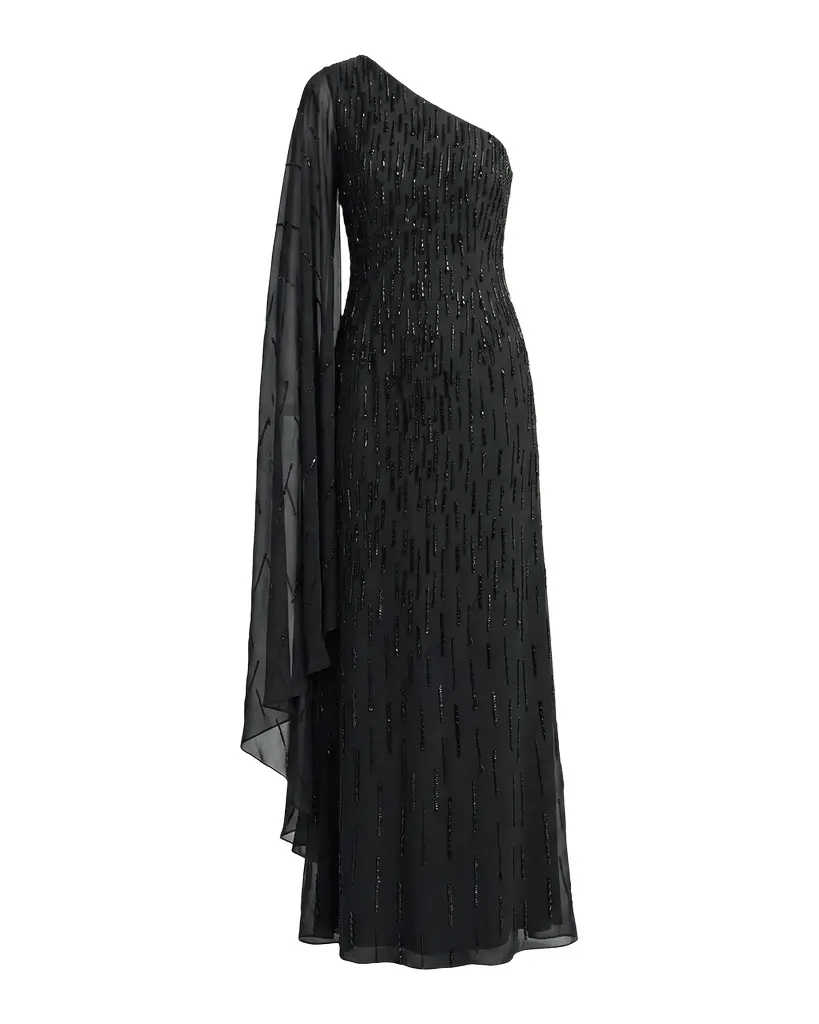Mac Duggal Beaded Mesh One-Sleeve Column Gown