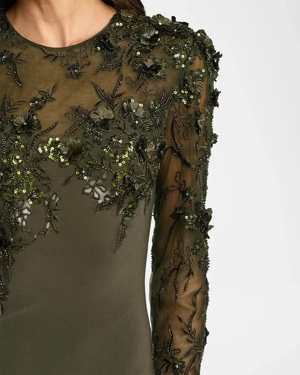 Mac Duggal Floral Embellished Long-Sleeve Column Gown | Thumbnail 4