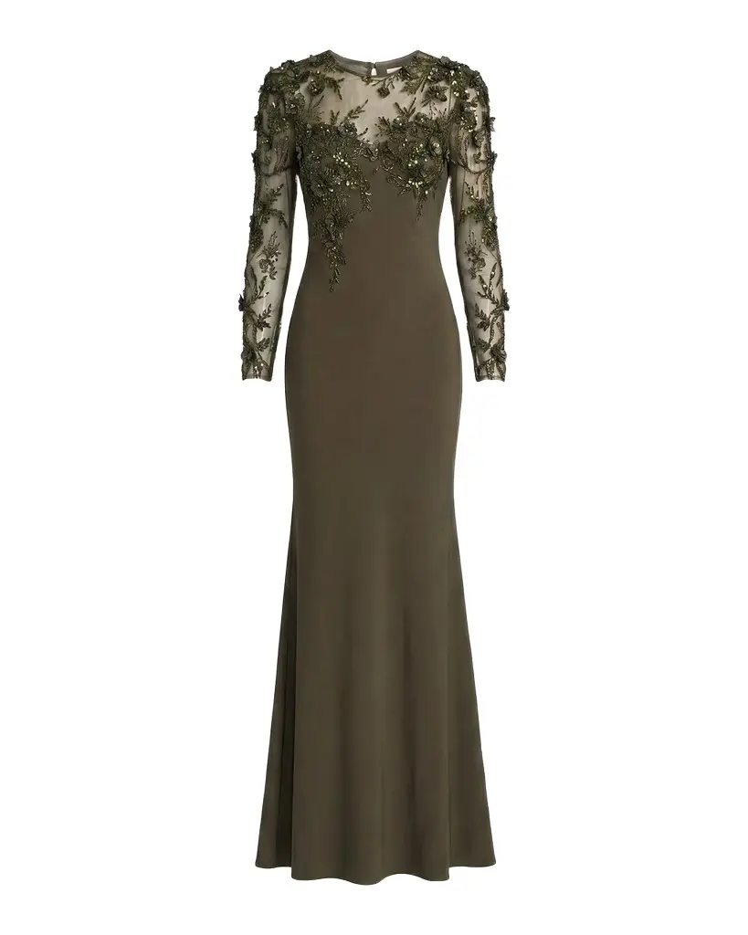 Floral Embellished Long-Sleeve Column Gown