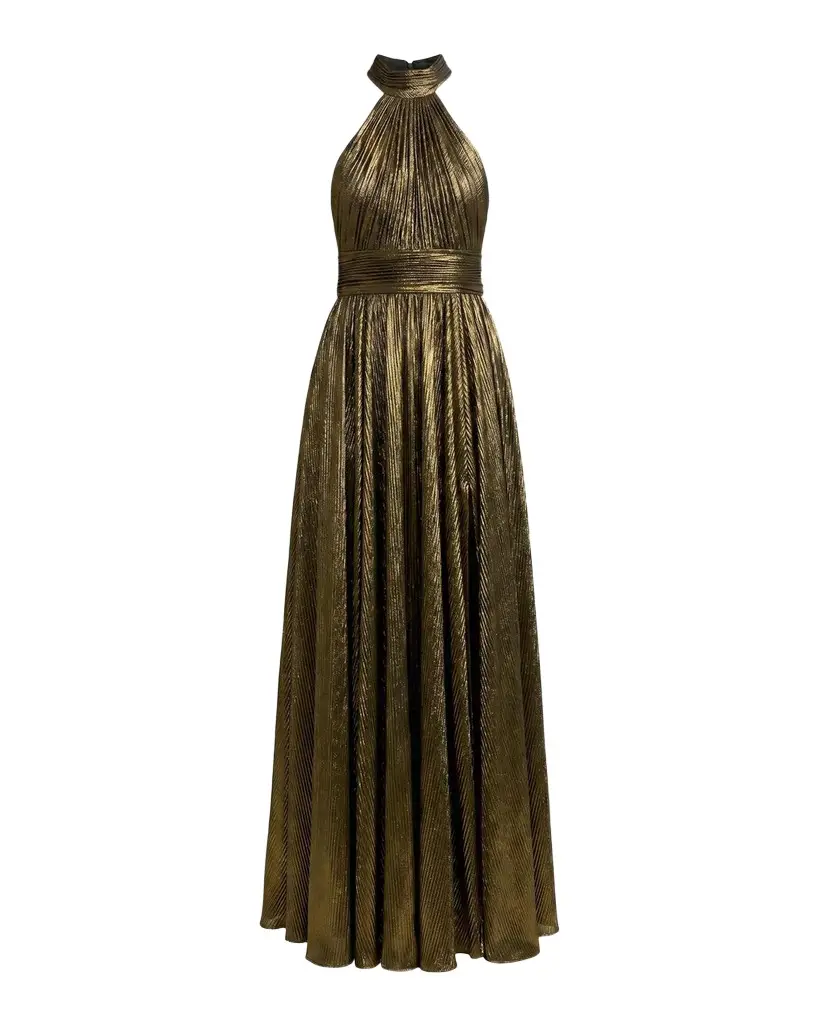 Mac Duggal Pleated Metallic Sleeveless Gown