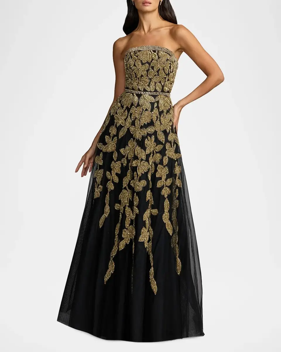 Mac Duggal Floral Embellished Mesh Strapless A-Line Gown | Thumbnail 2