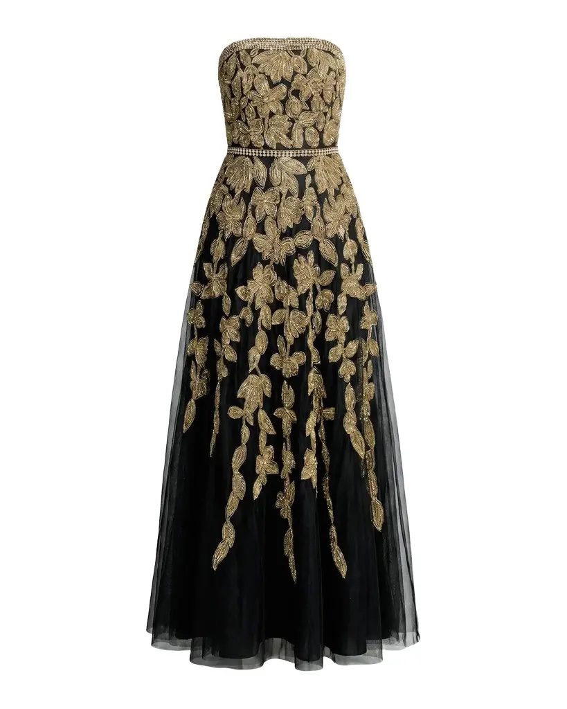 Mac Duggal Floral Embellished Mesh Strapless A-Line Gown