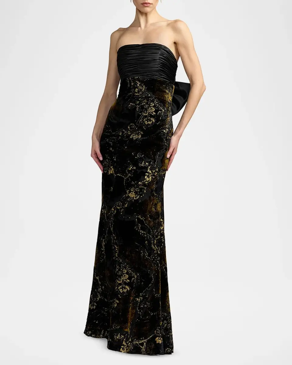 Mac Duggal Satin & Burnout Velvet Strapless Column Gown | Thumbnail 2