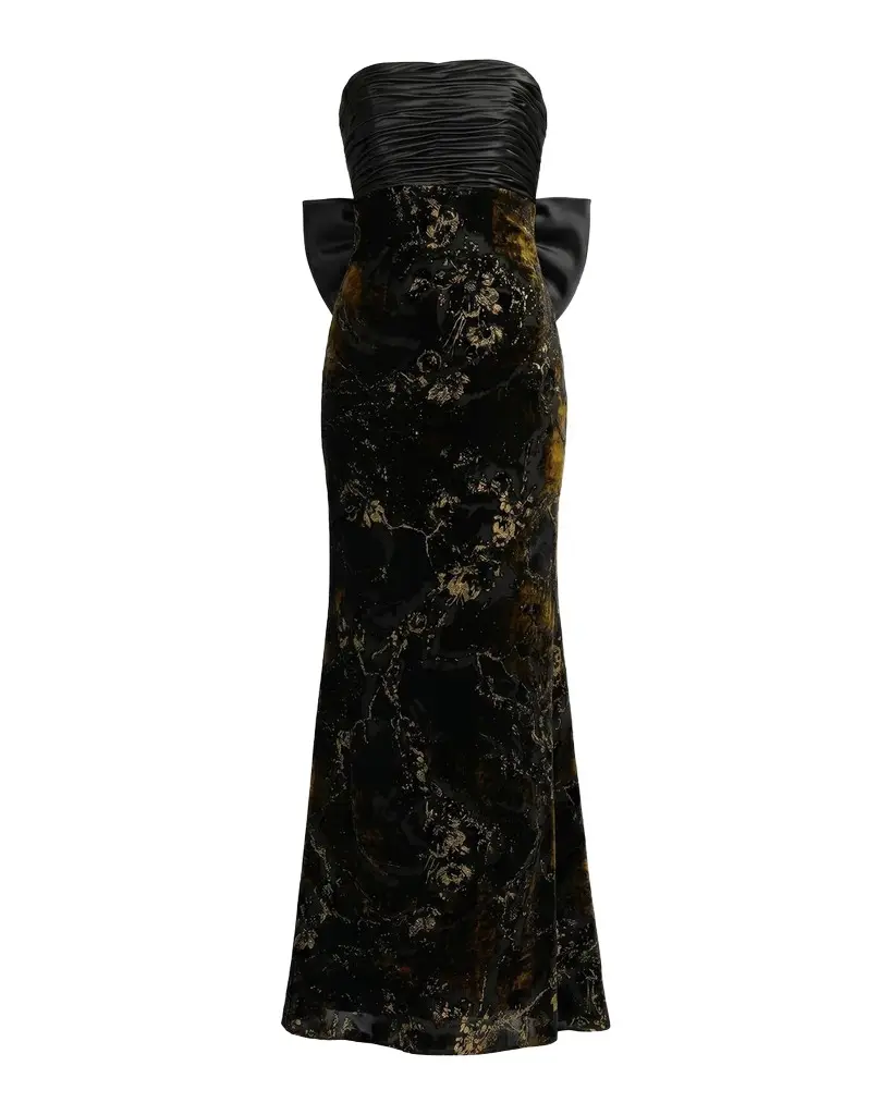 Mac Duggal Satin & Burnout Velvet Strapless Column Gown
