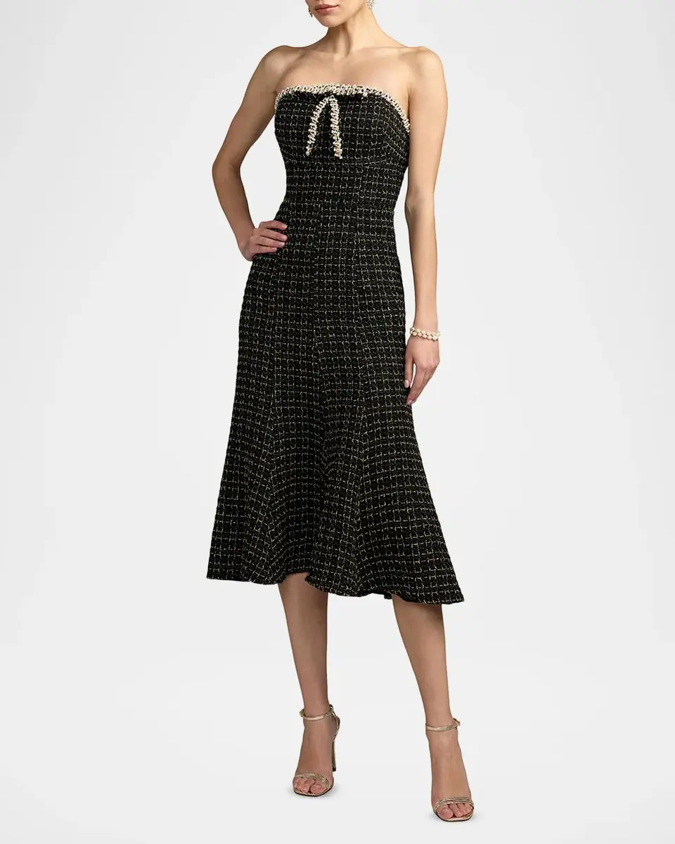 Mac Duggal Ieena Pearl-Embellished Bouclé A-Line Dress | Thumbnail 2