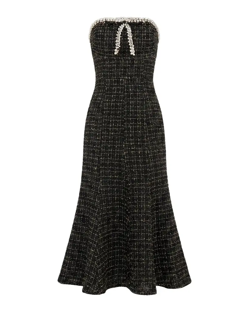 Mac Duggal Ieena Pearl-Embellished Bouclé A-Line Dress