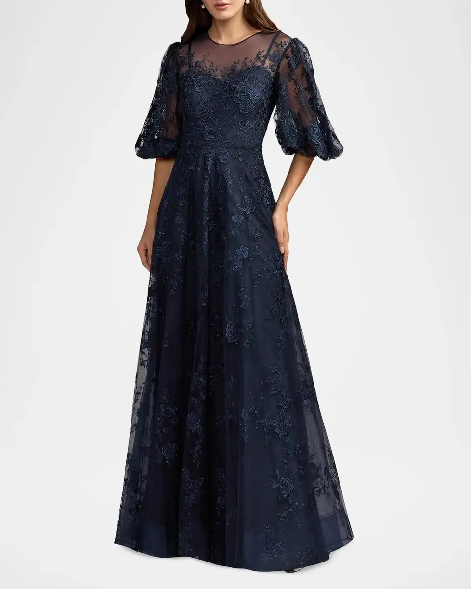 Mac Duggal Embroidered Illusion High-Neck Puff-Sleeve A-Line Gown | Thumbnail 2 Mac Duggal Embroidered Illusion High-Neck Puff-Sleeve A-Line Gown | Thumbnail 2