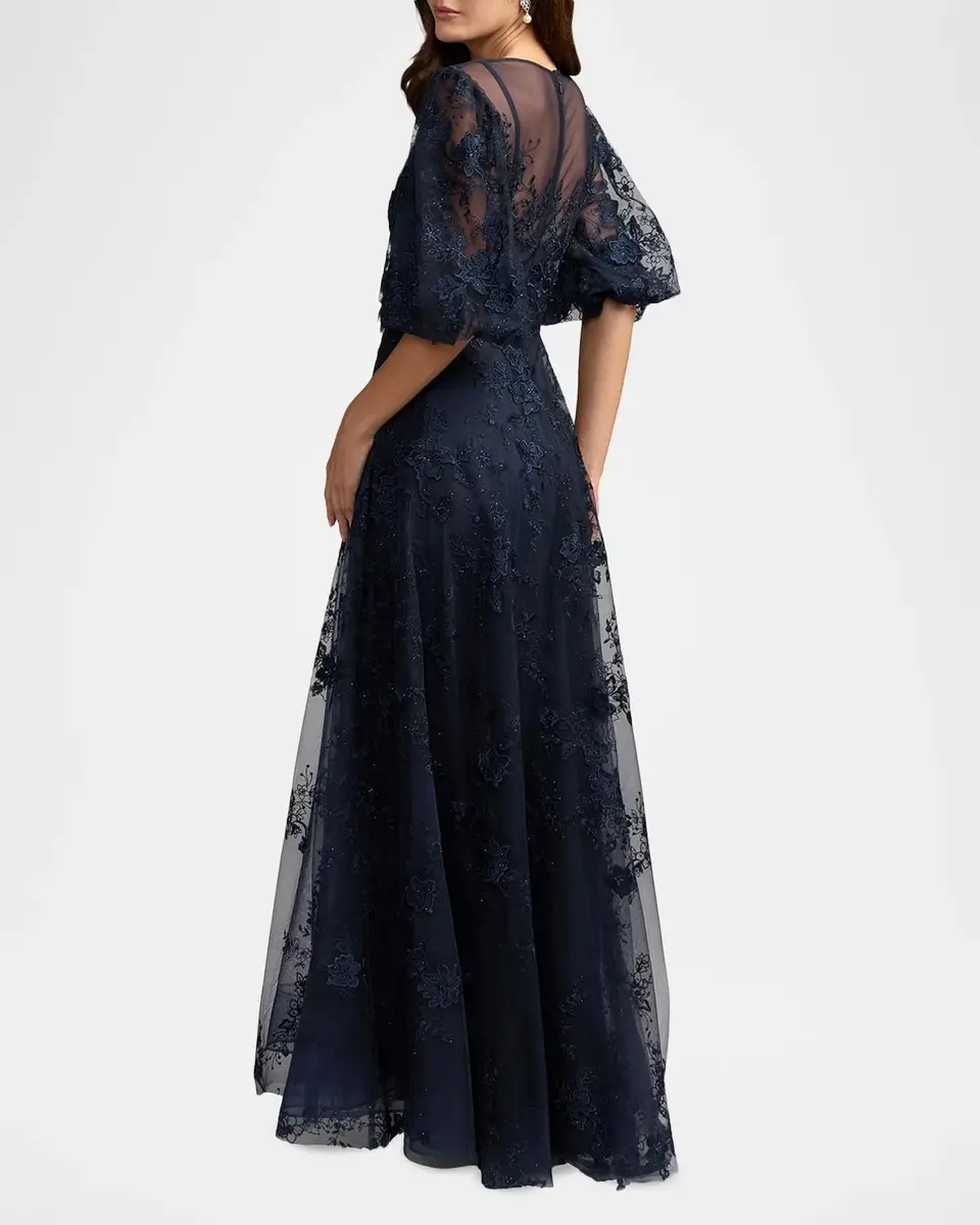 Mac Duggal Embroidered Illusion High-Neck Puff-Sleeve A-Line Gown | Thumbnail 3 Mac Duggal Embroidered Illusion High-Neck Puff-Sleeve A-Line Gown | Thumbnail 3