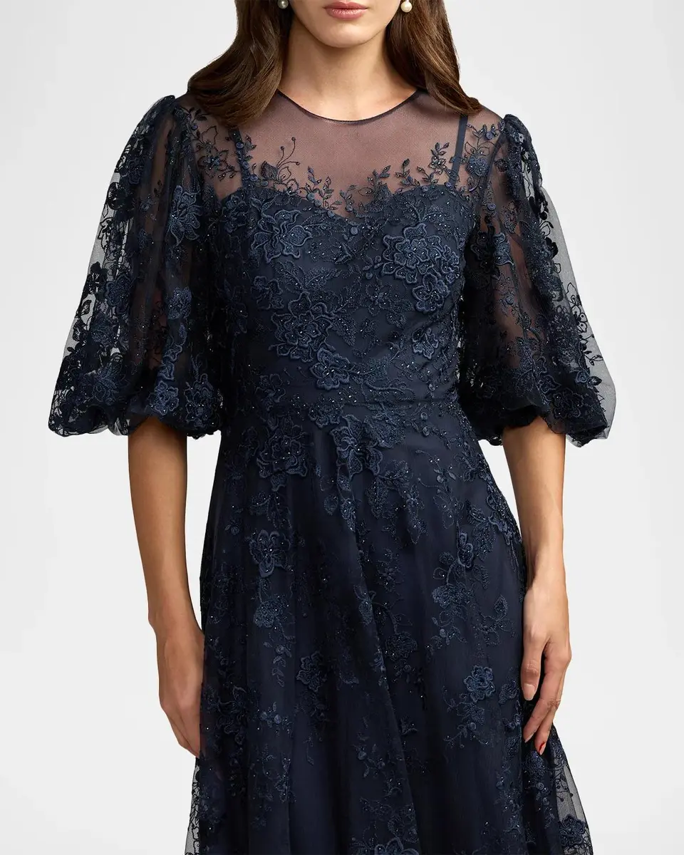 Mac Duggal Embroidered Illusion High-Neck Puff-Sleeve A-Line Gown | Thumbnail 4 Mac Duggal Embroidered Illusion High-Neck Puff-Sleeve A-Line Gown | Thumbnail 4