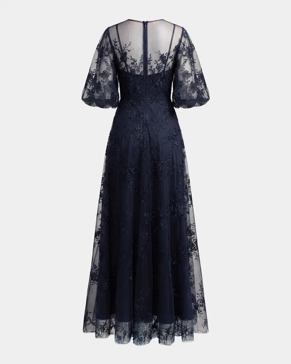 Mac Duggal Embroidered Illusion High-Neck Puff-Sleeve A-Line Gown | Thumbnail 5 Mac Duggal Embroidered Illusion High-Neck Puff-Sleeve A-Line Gown | Thumbnail 5