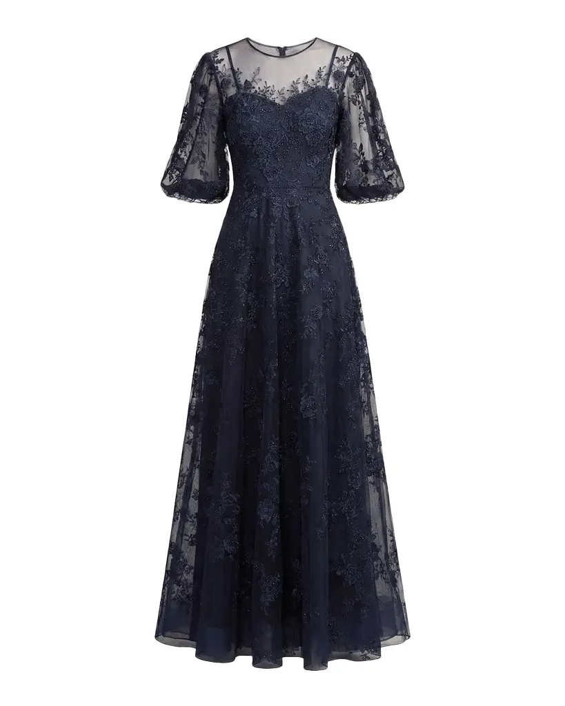 Mac Duggal Embroidered Illusion High-Neck Puff-Sleeve A-Line Gown