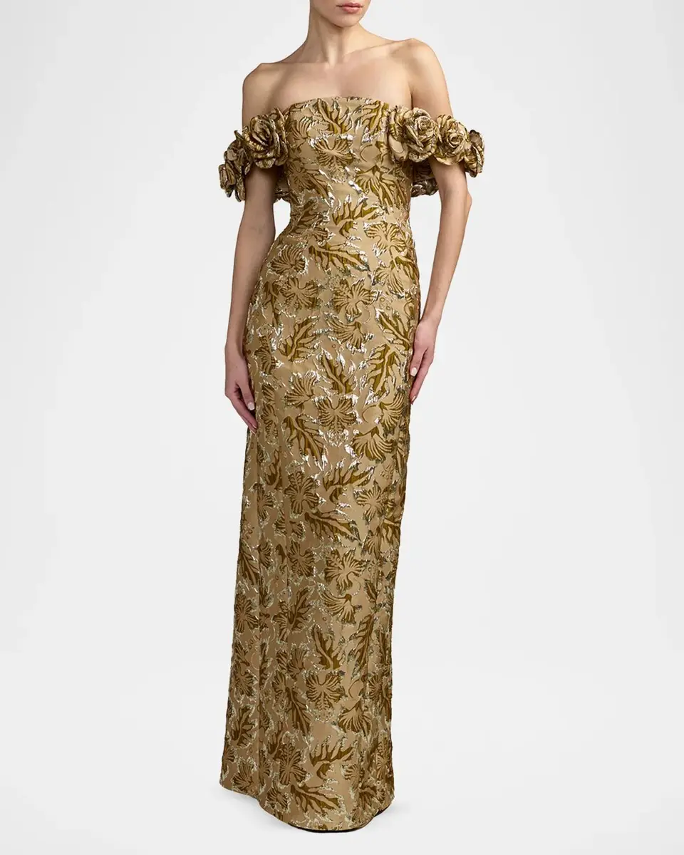 Mac Duggal Brocade 3D Flower Off-The-Shoulder Gown | Thumbnail 2 Mac Duggal Brocade 3D Flower Off-The-Shoulder Gown | Thumbnail 2