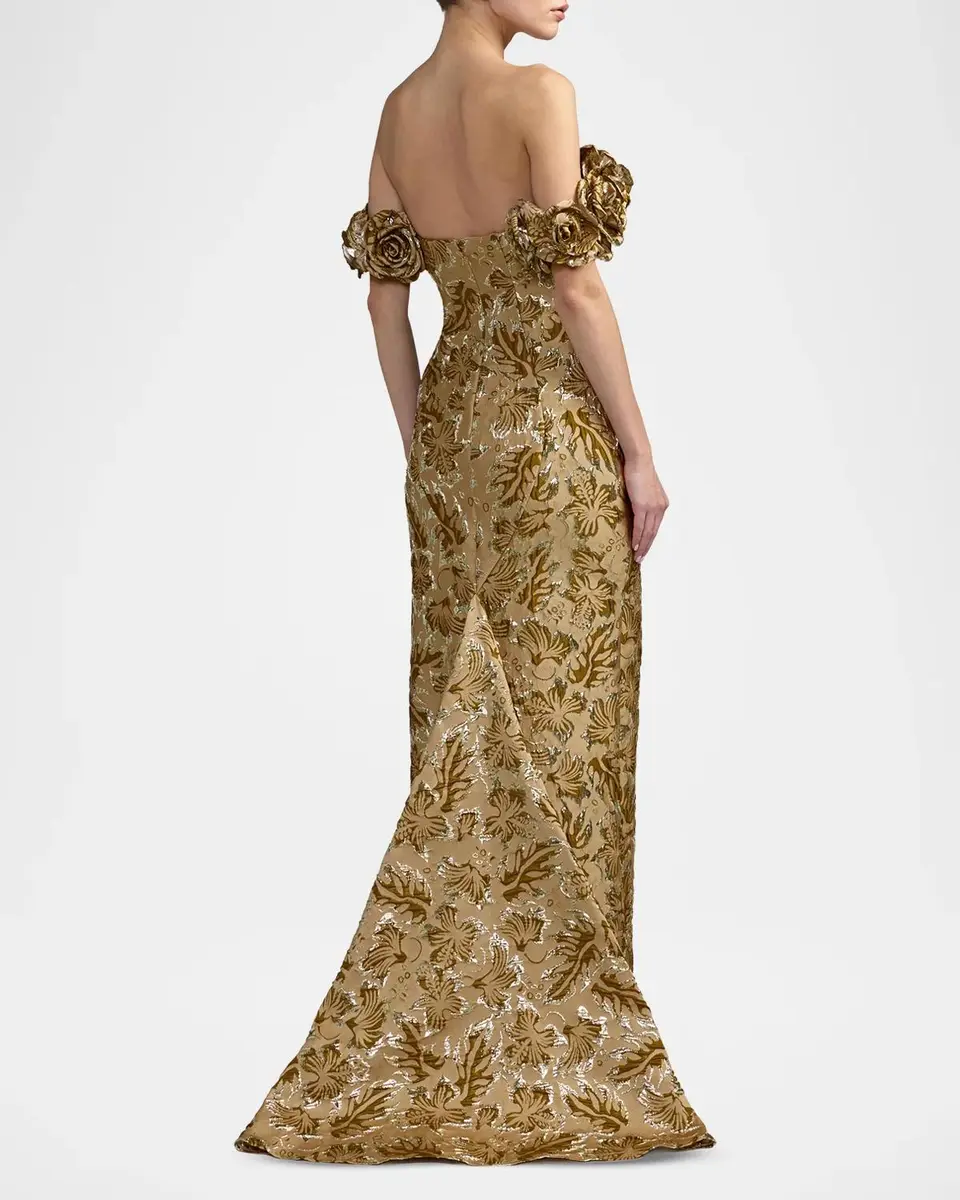 Mac Duggal Brocade 3D Flower Off-The-Shoulder Gown | Thumbnail 3 Mac Duggal Brocade 3D Flower Off-The-Shoulder Gown | Thumbnail 3