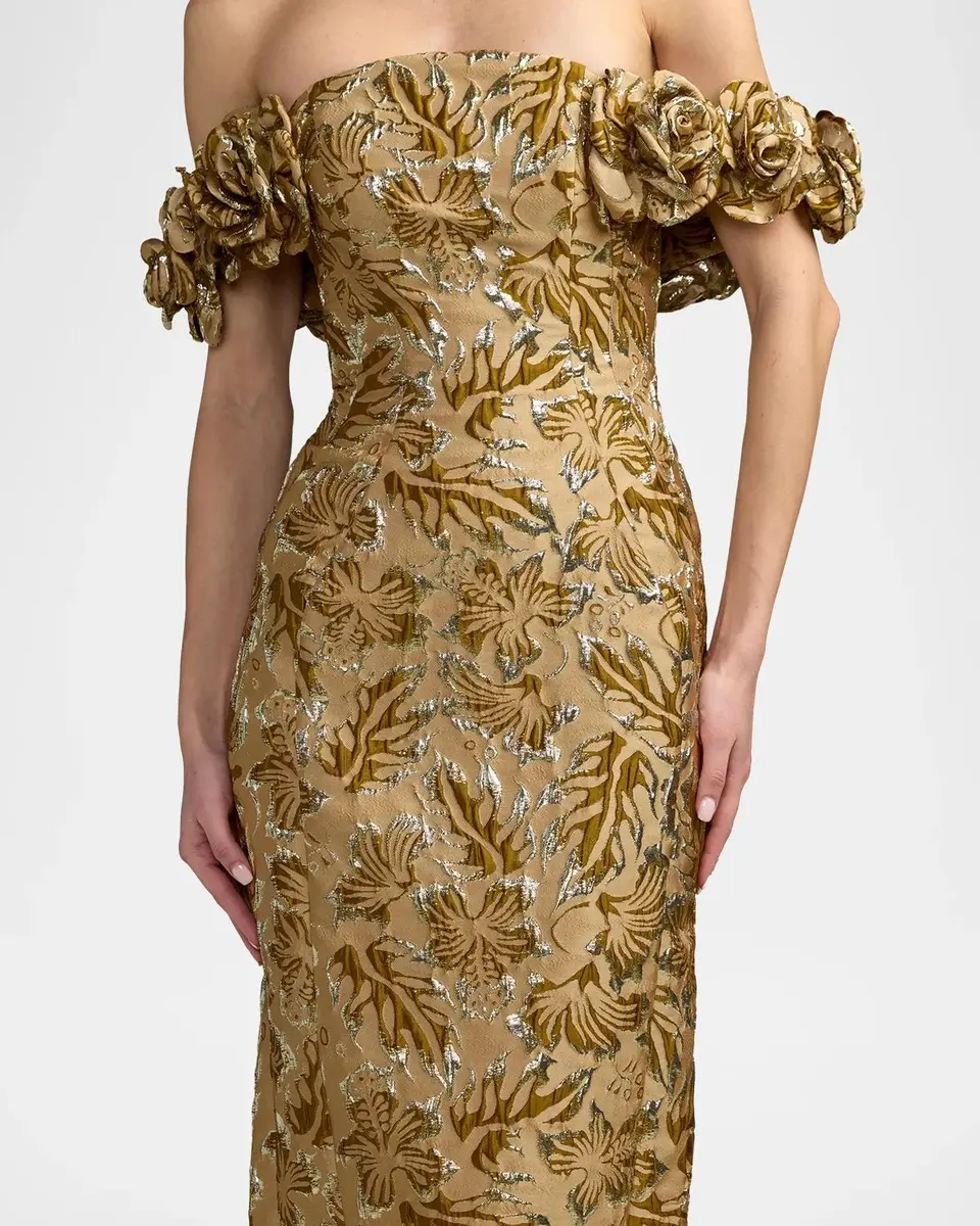Mac Duggal Brocade 3D Flower Off-The-Shoulder Gown | Thumbnail 4 Mac Duggal Brocade 3D Flower Off-The-Shoulder Gown | Thumbnail 4