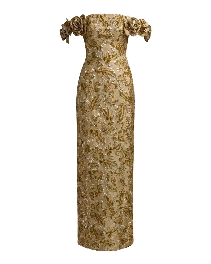 Brocade 3D Flower Off-The-Shoulder Gown Brocade 3D Flower Off-The-Shoulder Gown