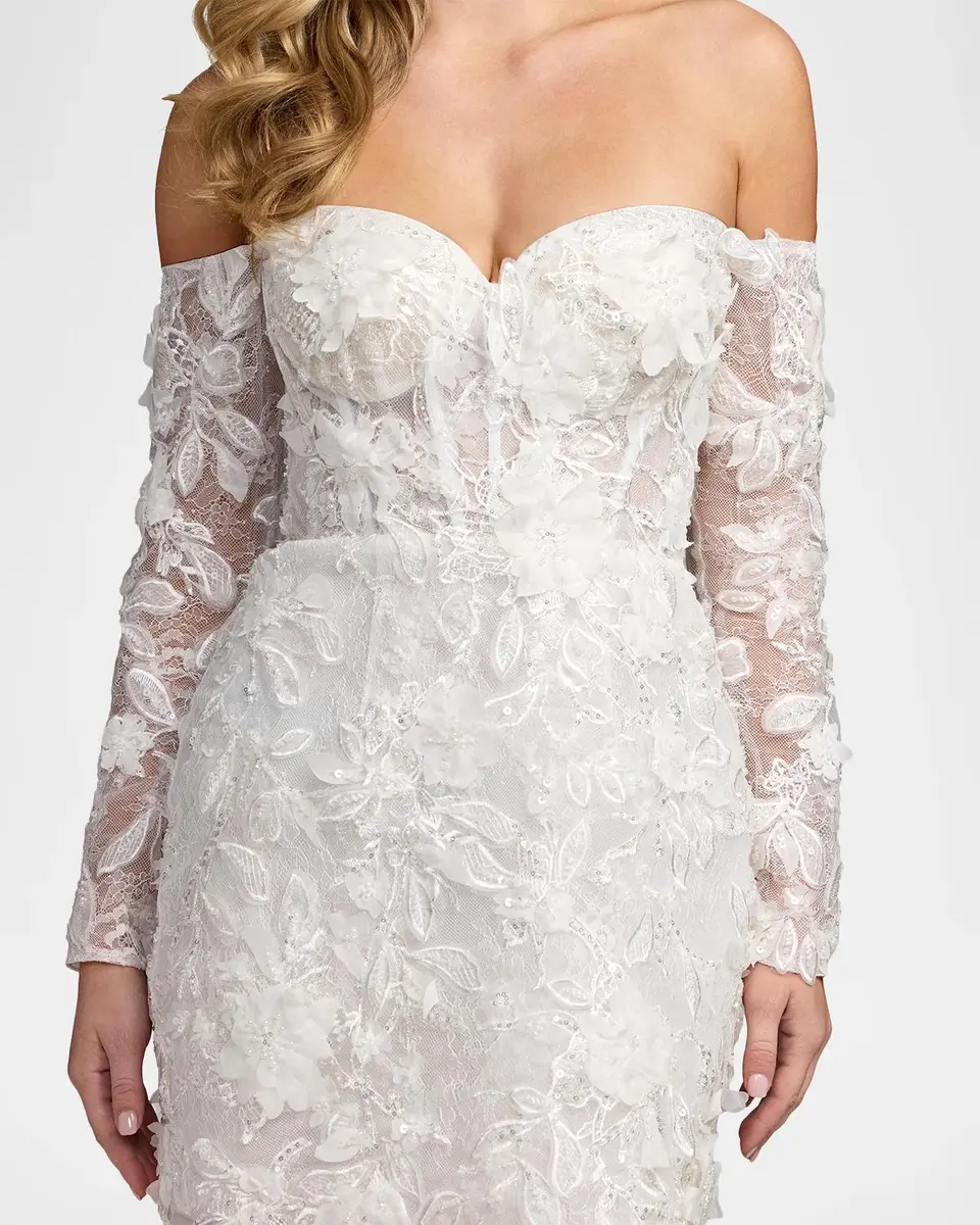 Mac Duggal Lace Off-the-Shoulder Long-Sleeve Mini Dress | Thumbnail 4