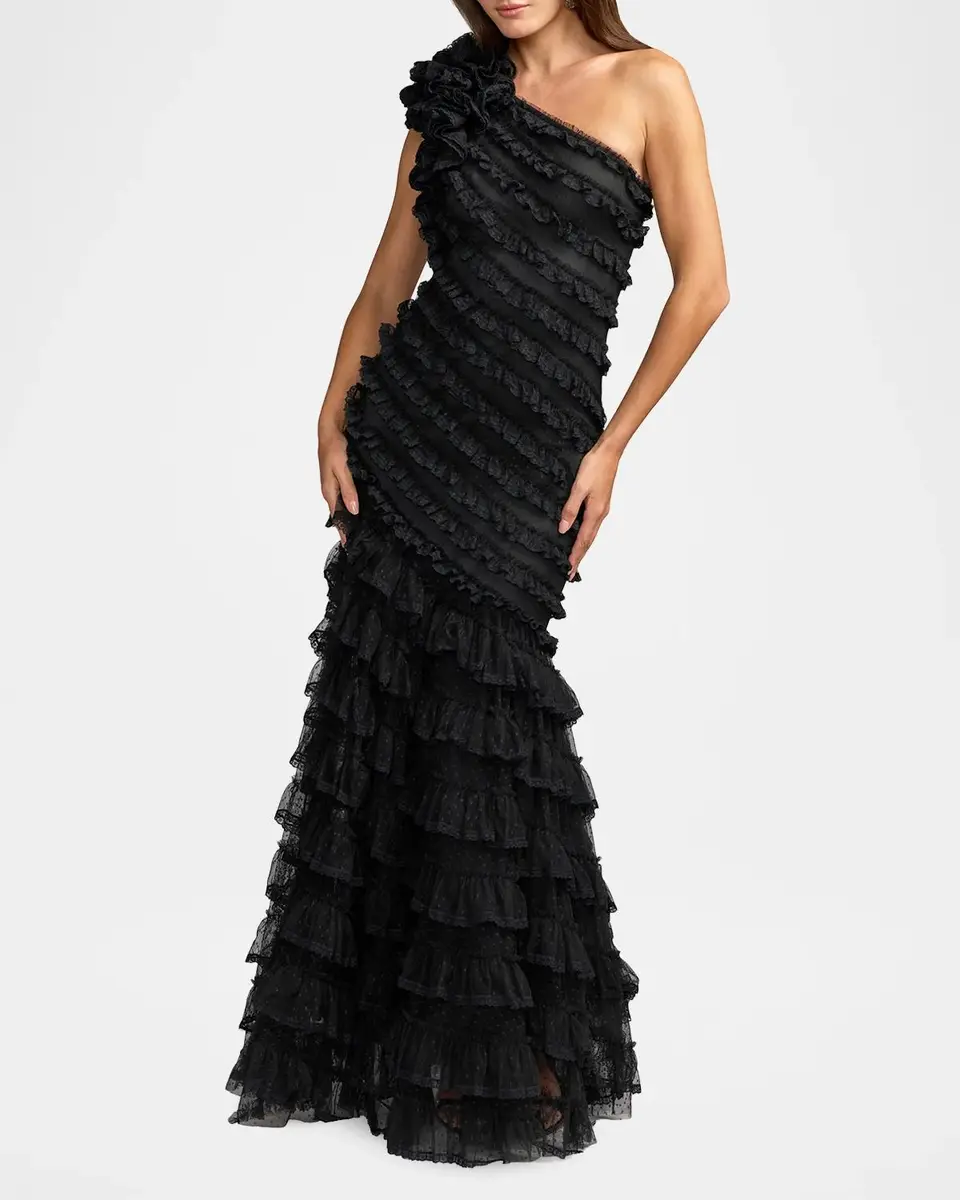 Mac Duggal One-Shoulder Mesh-Lace Trumpet Gown | Thumbnail 2 Mac Duggal One-Shoulder Mesh-Lace Trumpet Gown | Thumbnail 2