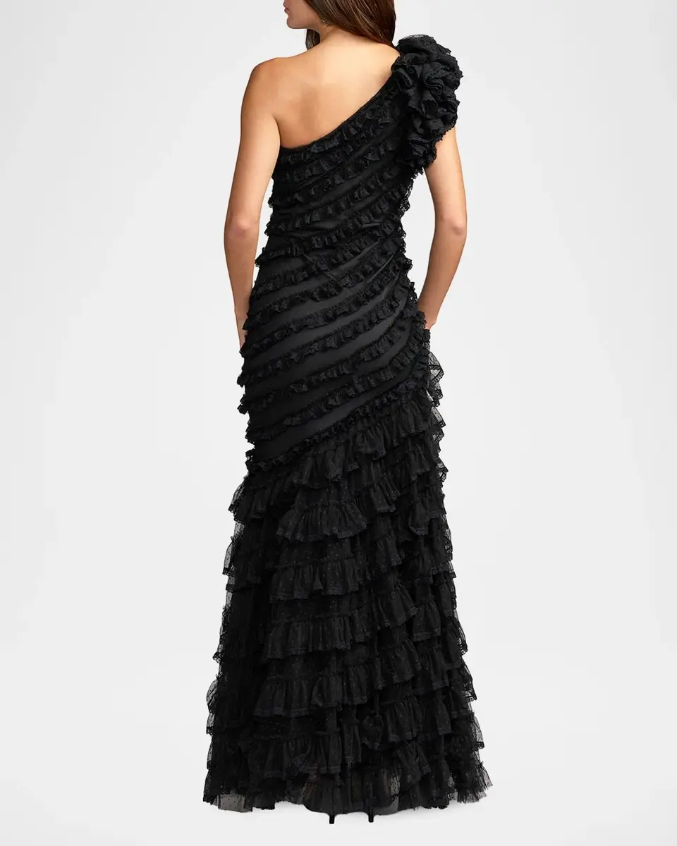 Mac Duggal One-Shoulder Mesh-Lace Trumpet Gown | Thumbnail 3 Mac Duggal One-Shoulder Mesh-Lace Trumpet Gown | Thumbnail 3